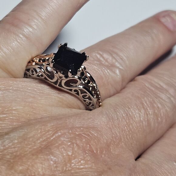 **Sale** Sterling Silver Gold Plated Black Rhinestone Ring Size 9 - Picture 5 of 12